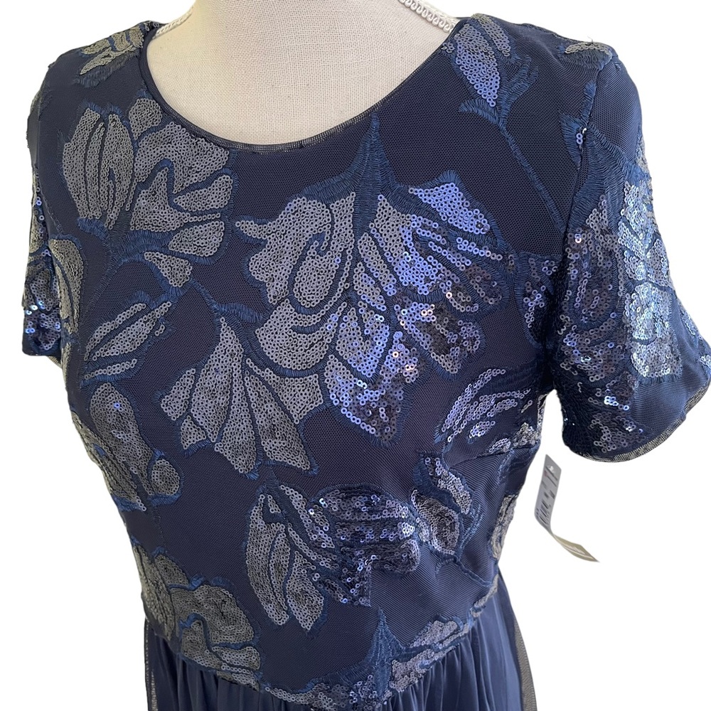 R&M Richards Navy Blue Sequined Bodice Short Sleeve Mesh Skirt Formal Dress - Picture 6 of 13